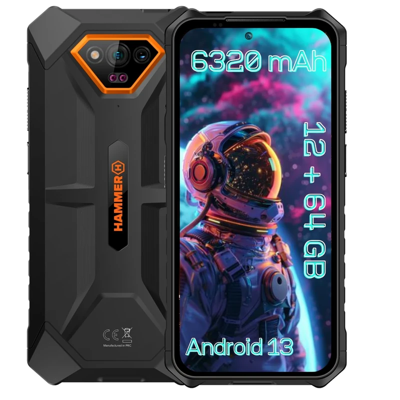 Hammer Iron V E without contract robust, waterproof, dual SIM, powerful 6320 mAh battery, 65GB + 6GB RAM, Android 13, 50 Mpx camera with night vision sensor IP69 droptest, 294 hours in standby, NFC