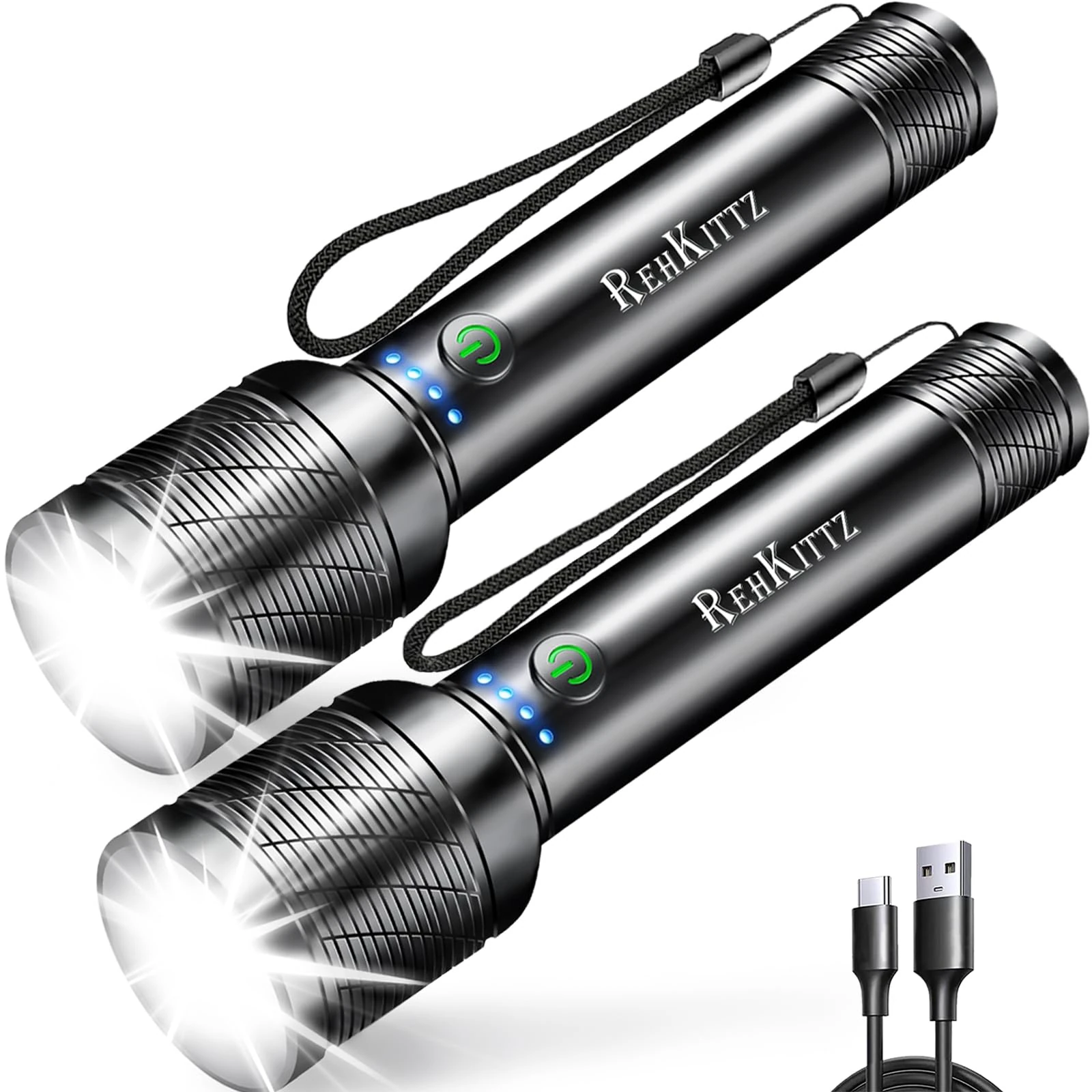 REHKITTZ Torch, LED Rechargeable Torches(Built-in Large Capacity Battery) 2200 Lumen Super Bright Flashlight with Power Display,Long Working Time,Aluminum Alloy,5 Light Modes,Zoomable Torch（2 Pack）