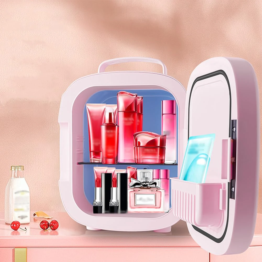 Hapihom Portable Mirrored Beauty Fridge, 6L Mini Fridge with LED Lighted Mirror, Personal Beauty Refrigerator, Compact Pink