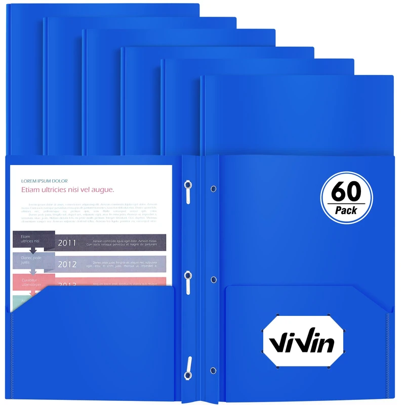 Heavy Duty Plastic Folder, 60 Pack, Pocket Folder with brads, Letter Size Poly File, Plastic Folders with 3 Prongs Fasteners - Blue