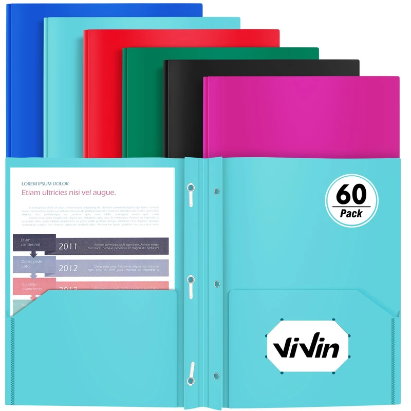 Heavy Duty Plastic Folder, 60 Pack, Pocket Folder with brads, Letter Size Poly File, Plastic Folders with 3 Prongs Fasteners - Assorted Color