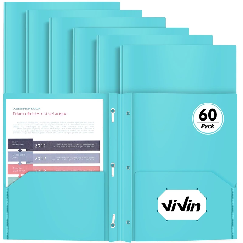 Heavy Duty Plastic Folder, 60 Pack, Pocket Folder with brads, Letter Size Poly File, Plastic Folders with 3 Prongs Fasteners - Light Blue