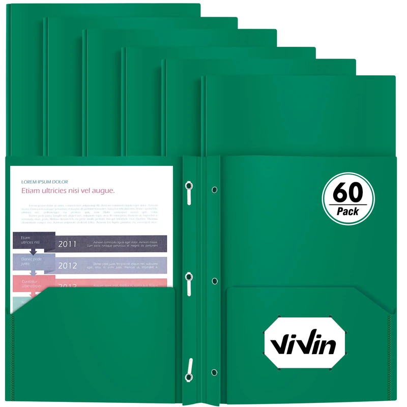 Heavy Duty Plastic Folder, 60 Pack, Pocket Folder with brads, Letter Size Poly File, Plastic Folders with 3 Prongs Fasteners - Green