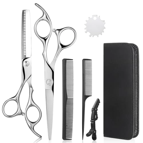 Lictin 4 in 1 Kit 7" Professional Hairdressing Scissors Stainless Steel Hair Cutting with Cutting Scissors, Thinning Scissors, Comb, Clip and Case for Men and Women (Silver)