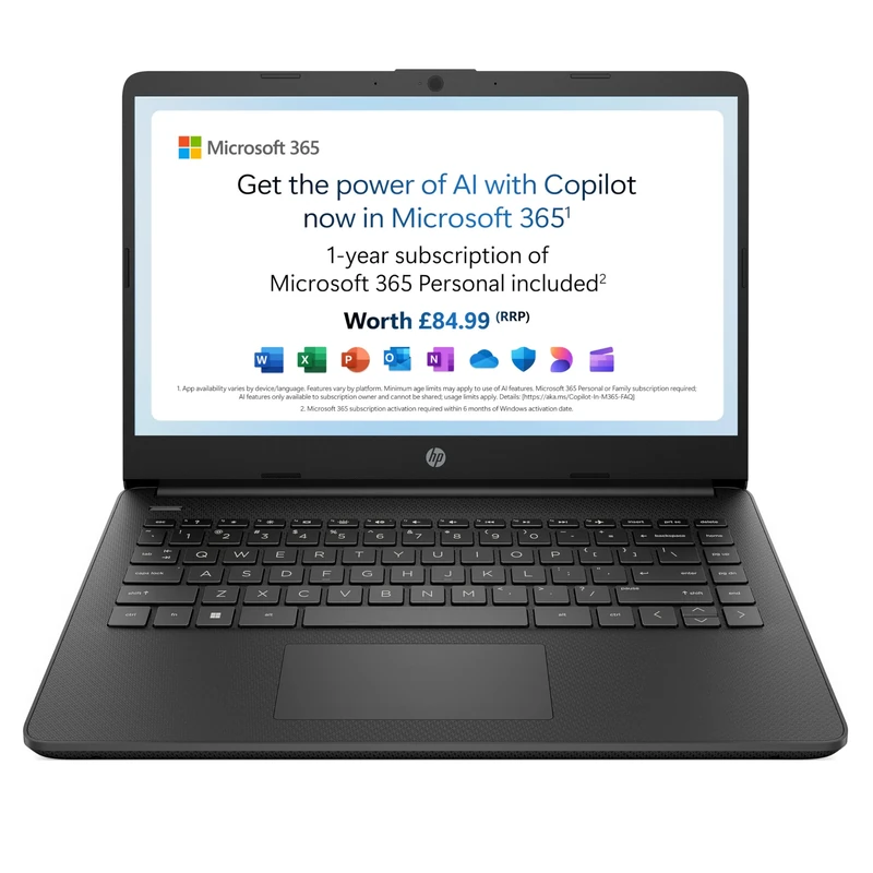HP 14" Laptop, Intel Pentium Silver N5030 Processor, 4 GB RAM, 128 GB SSD, Intel UHD Graphics, FHD Display, Dual Speakers, Microsoft 365 Personal 12m included, Win 11, Jet Black, 14s-dq0011sa