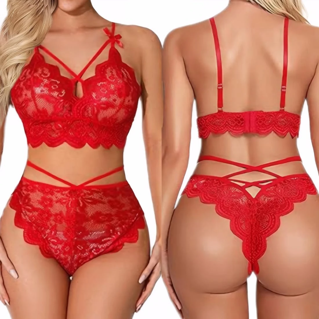 KFLY Sexy Bra and Panties Set Lace Floral Embroidery Push Up Bra with Sheer G-String See Through Lingerie Set 2 Pieces Underwear Crisscross Nightwear for Valentine‘s Day Daily Wearing(Red, L-XL)