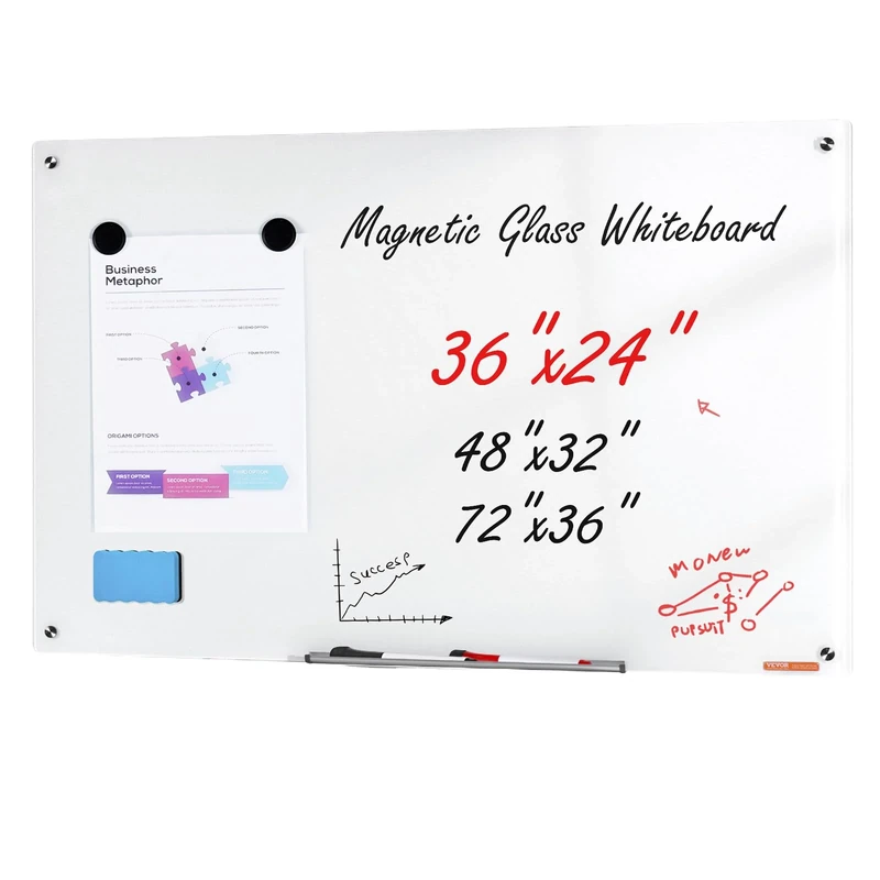 VEVOR Magnetic Glass Whiteboard, Dry Erase Board 36"x24", Wall-Mounted Large White Glassboard Frameless, with Marker Tray, an Eraser and 2 Markers, White