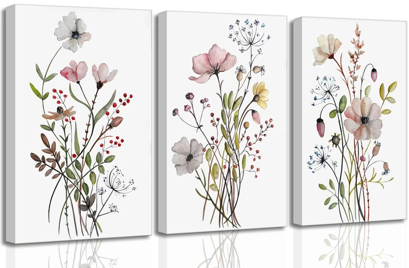 3 Picecs Framed Vintage Wildflower Print Canvas Wall Art Rustic Farmhouse Modern Floral Wall Decor Living Room Picture Poster Prints For Gallery Bedroom Kitchen Home Decor