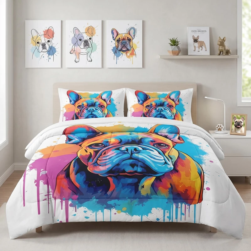 Pamnest Comforter Set Full Size, Cute Dog Vintage Soft 3 Pcs Bedding for Kids and Adults, French Bulldog Colorful Comforter Set with Pillowcase, for Bedroom Bed Decor