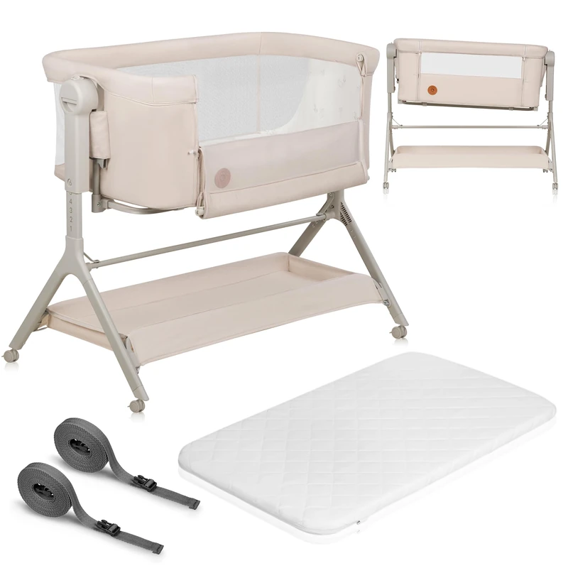 lionelo Leonie Plus 3-in-1 Bedside Cot, Co-Sleeper & Rocking Crib with Mattress – Adjustable Height, Drop-Down Side, Fixed-Level Rocking System, Mesh Sides, Lockable Wheels & Large Storage Basket
