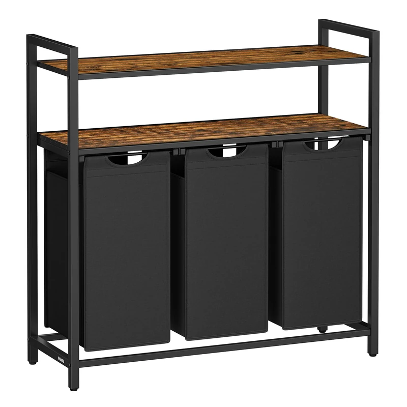 VASAGLE Laundry Basket, Laundry Hamper with 3 Pull-Out and Removable Laundry Bags, 2 Shelves, 3 x 40 L, for Laundry Room, Rustic Brown and Black BLH213B01