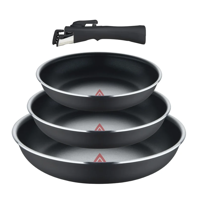 BERGNER Click & Cook Set of 4 Pressed Aluminium Frying Pans with Detachable Handle and Heat Point - ILAG Essential Coating - Anthracite - Induction Compatible