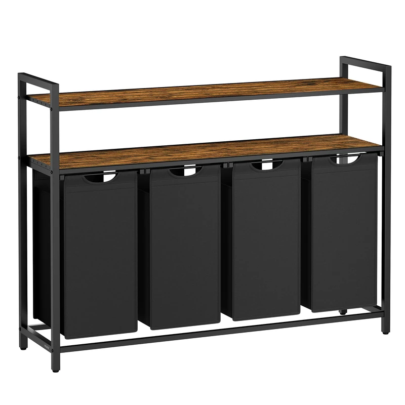 VASAGLE Laundry Basket, Laundry Hamper with 4 Pull-Out and Removable Laundry Bags, 2 Shelves, 4 x 40 L, for Laundry Room, Rustic Brown and Black BLH214B01