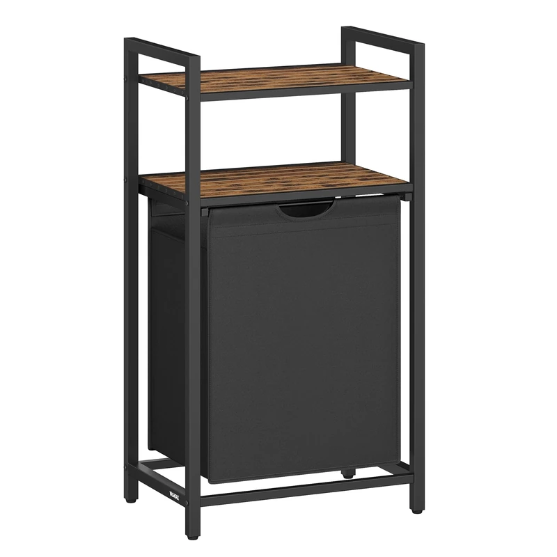VASAGLE Laundry Basket, Laundry Hamper with a Pull-Out and Removable Laundry Bag, 2 Shelves, 65 L, for Laundry Room, Rustic Brown and Black BLH212B01