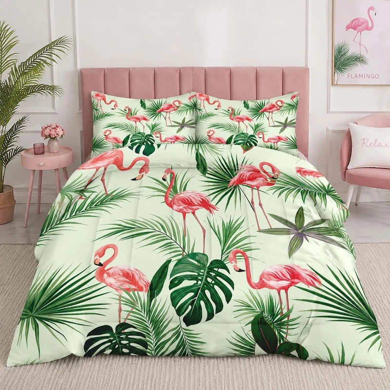 Pamnest Comforter Set King Size, Palm Leaf Leaves Floral Soft 3 Pcs Bedding for Kids and Adults, Pink Flamingo Flower Comforter Set with Pillowcase, for Bedroom Bed Decor