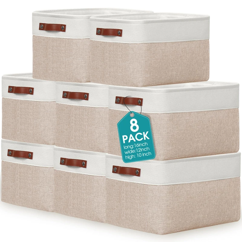 Uiifan 8 Pack 16 x 12 x 10 Inch Large Storage Baskets Collapsible Fabric Storage Cubes Bins with Handles for Shelves Closets Nursery Home Clothes Toys Organizers, Beige