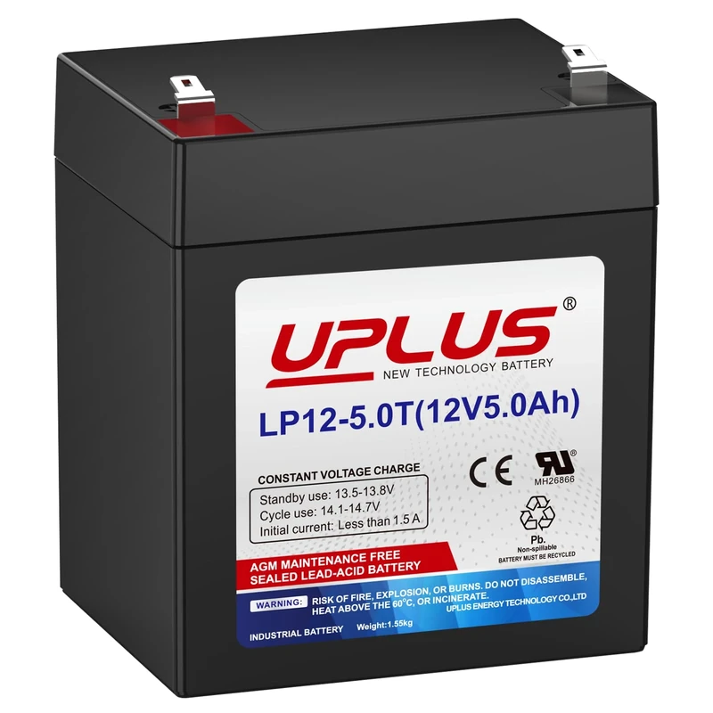 Uplus 12V 5Ah Rechargeable Sealed Lead Acid Battery LP12-5.0T, Replaces Home Alarm Battery Compatible with F1 Terminal for Garage Doors, Security Systems, Burglar Alarms | Confirm size before order