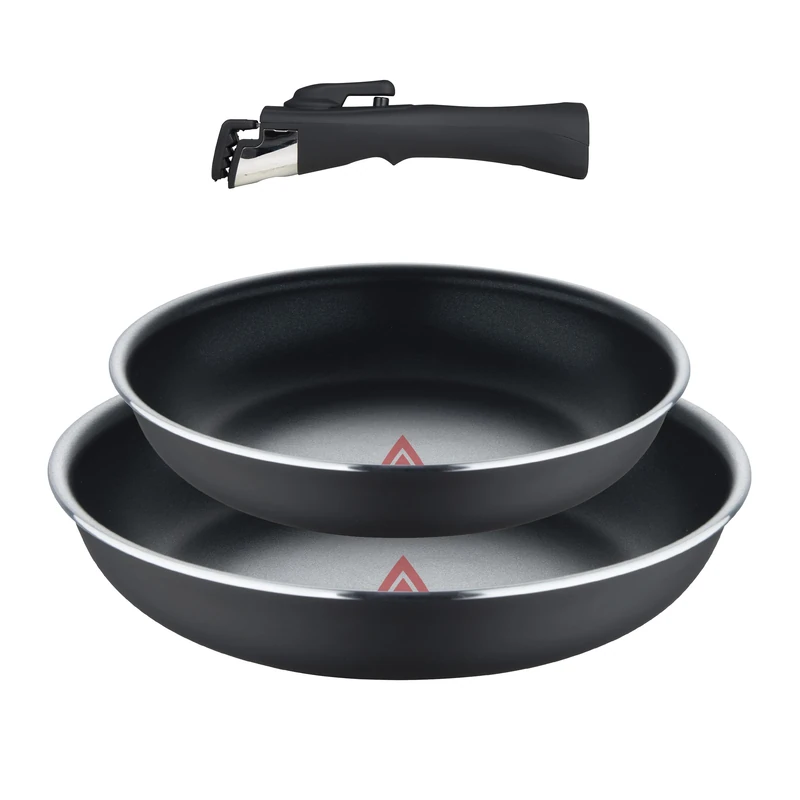 BERGNER Click & Cook Set of 3 Frying Pans (22 + 26 cm) with Removable Handle - Pressed Aluminium & Heat Dot - ILAG Essential Coating - Black