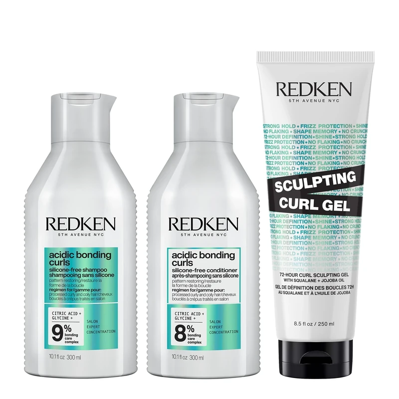 REDKEN Acidic Bonding Curls Shampoo 300ml, Conditioner 300ml, & Sculpting Curl Gel 250ml Styling Set For Damaged Curly & Coily Hair, Enhance Curl Pattern