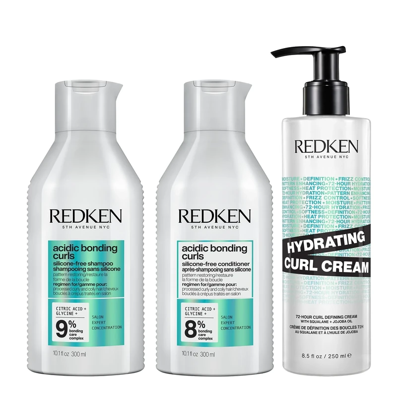 REDKEN Acidic Bonding Shampoo & Conditioner 300ml Each, Hydrating Curl Cream 250ml - Enhance Damaged Curly & Coily Hair, Coil Activator