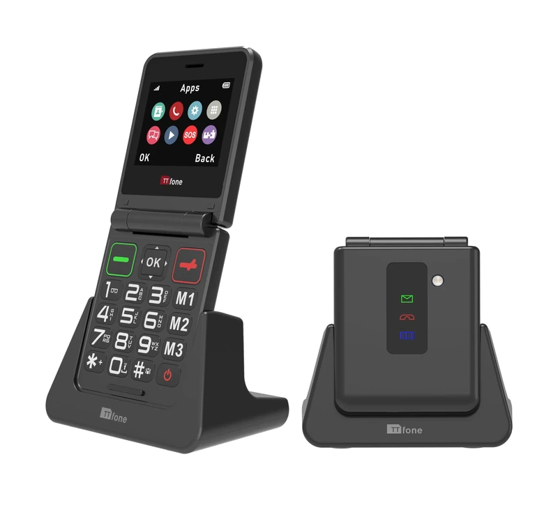 TTfone TT660 Flip Mobile Phone for Seniors - Folding Design, Big Buttons, Emergency Assistance, Long Battery Life - Pay As You Go (Vodafone PAYG, Black, with Dock Charger)
