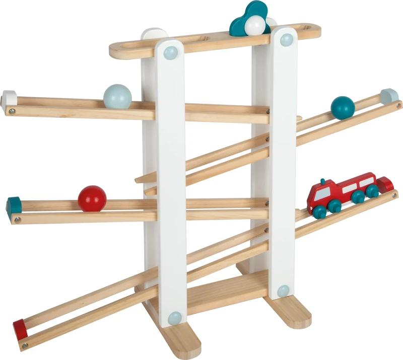 Small Foot Wooden Marble Run, XL Motor Activity Toy with 3 balls and fire brigade vehicle, for kids 18+ mths., 12549