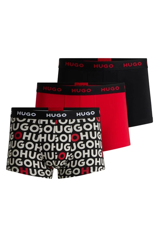 HUGO Mens Trunk Triplet Design Three-Pack of Stretch-Cotton Trunks with Logo waistbands - Image 1