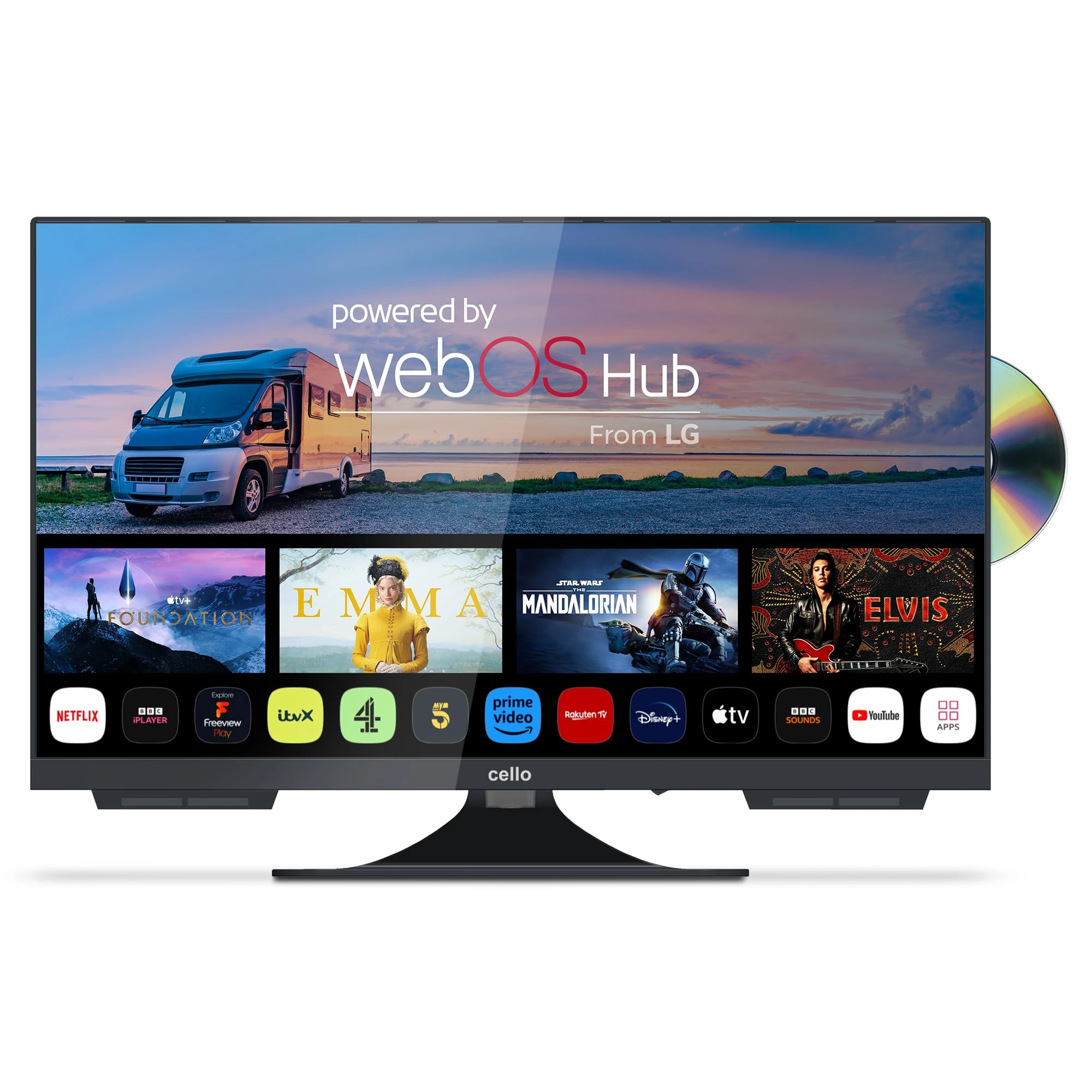 Cello C2224WSF 12 Volt 22 inch Traveller Smart Frameless TV/DVD Pitch Perfect Speakers Ultrafast WebOS, Freeview Play, Bluetooth, Netflix, Small TV for Motorhomes & Boats UK Made