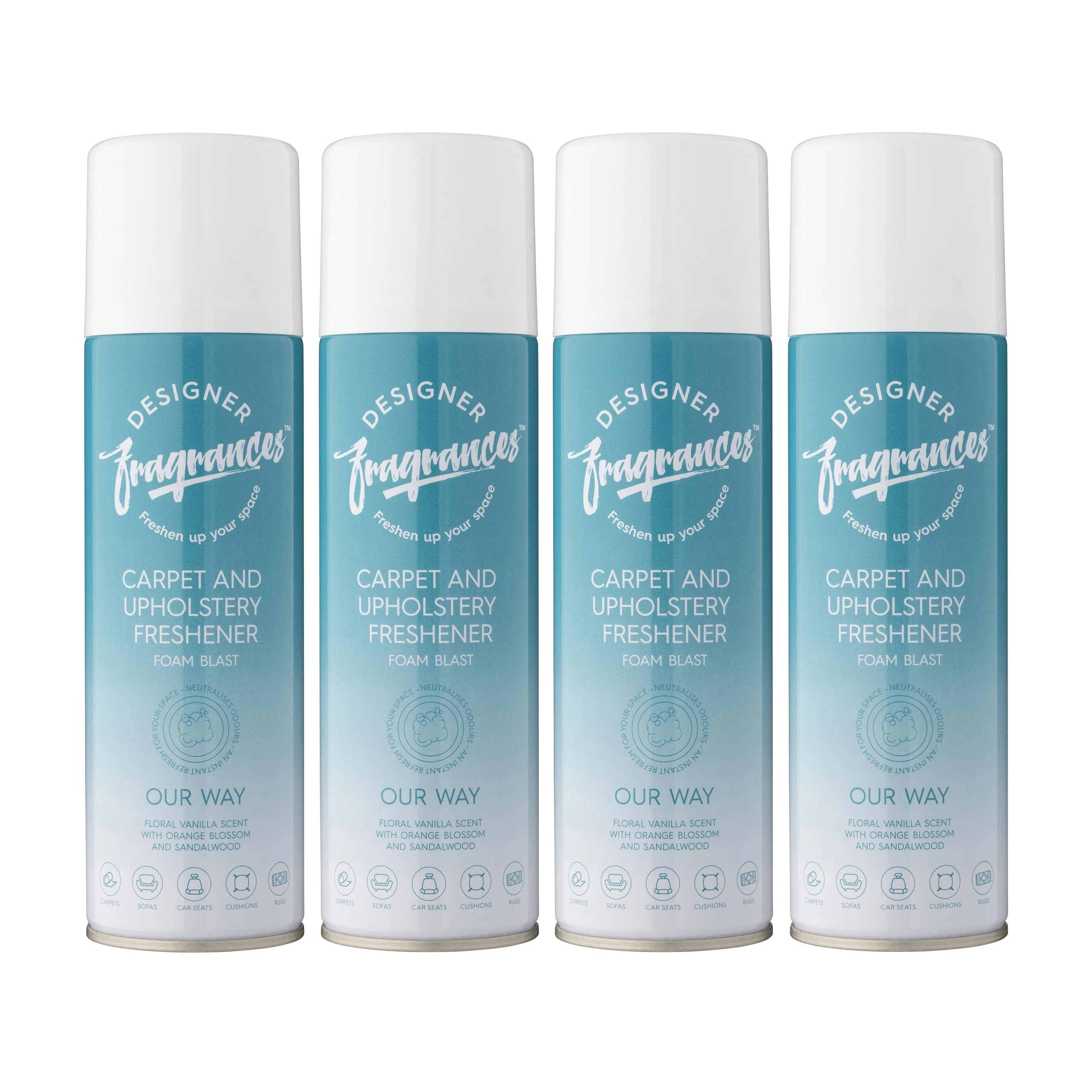 Designer Fragrances 4 Pack Our Way Carpet & Upholstery Freshener Foam Blasts - For Carpets, Sofas, Cushions, Car Seats – Lasting Smell, Spray on Foam – Deodorise & Neutralise Odours – 300ml