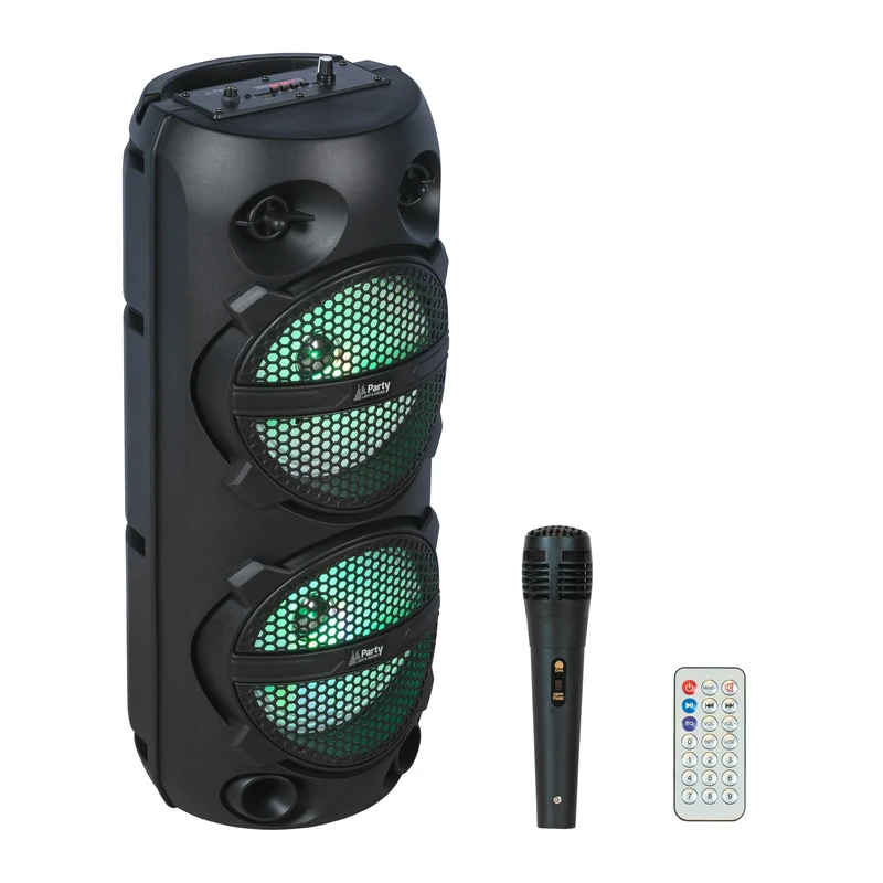 Party Light & Sound - PLUTON - Speaker, baffle 2 x 8/20cm 300W on rechargeable battery - Lighting effect - 1 wired mic and 1 remote control - Bluetooth, USB, Micro SD and TWS - Black
