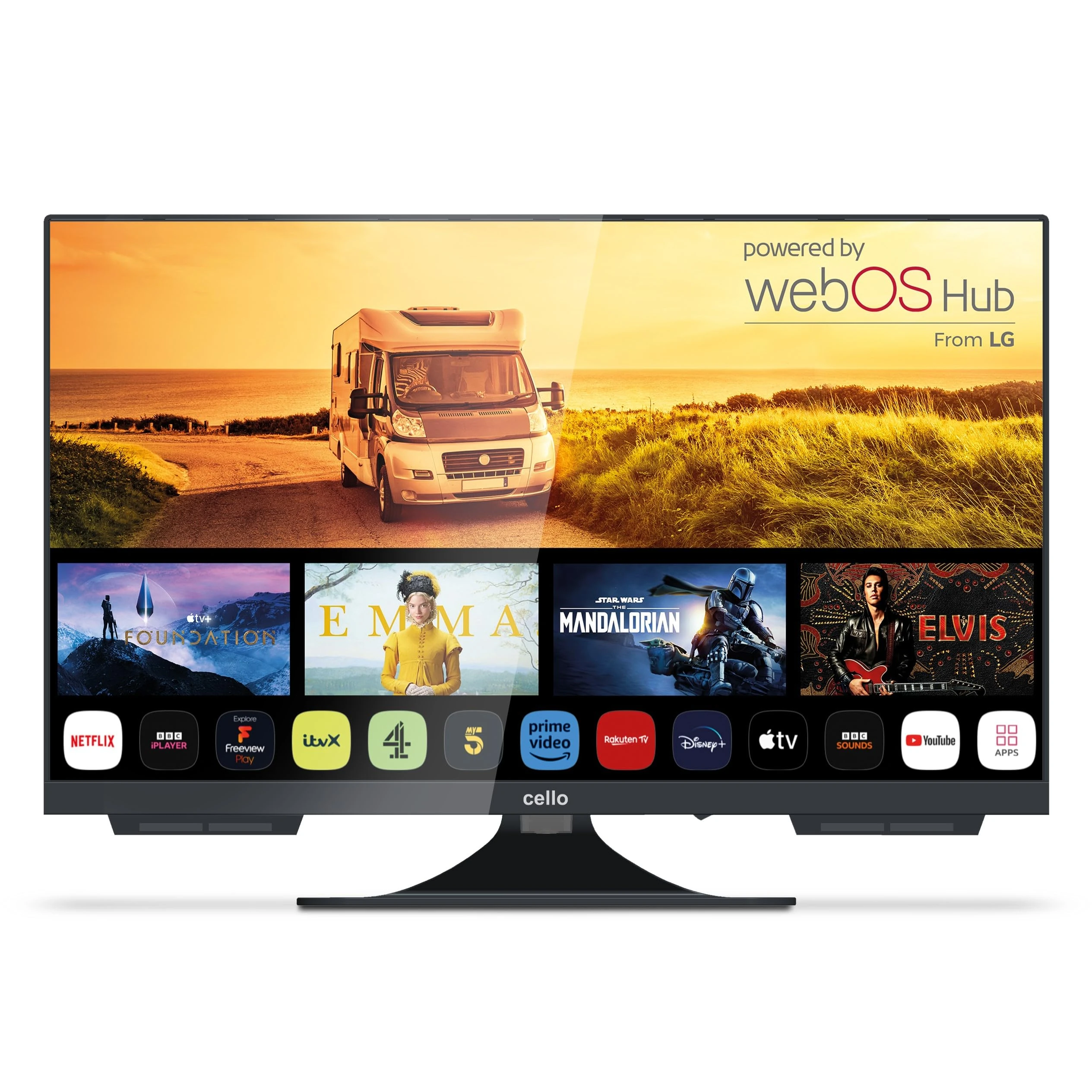 Cello C2424WS 12 Volt 24 inch Traveller Smart Frameless TV Pitch Perfect Speakers Ultrafast WebOS, Freeview Play, FreeSat, Bluetooth, Netflix, Small TV for Motorhomes UK Made