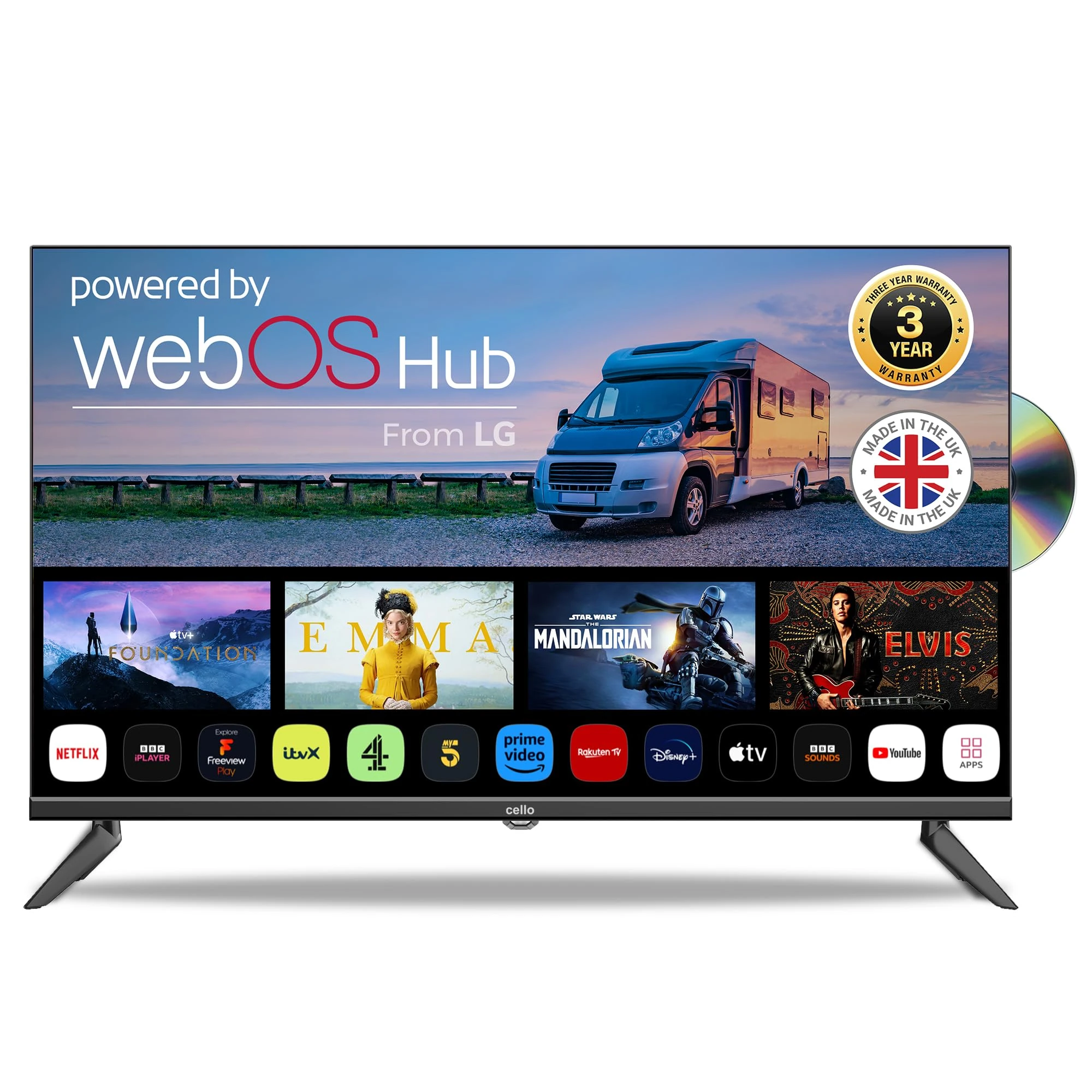 Cello C3224WSF 12 Volt 32 inch Traveller Smart Frameless TV and DVD Made in UK (2024) Ultrafast WebOS, Freeview Play, FreeSat, Bluetooth, Netflix, Prime Video, Apple TV, BBC. UK