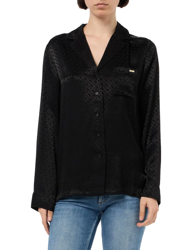 BOSS Women's Monogram Shirt Pyjamas Long Sleeve, Black 1, S