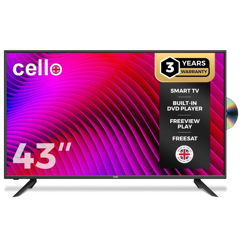 Cello C4324WSF LED 43 inch Smart TV with DVD,3 Years Warranty, Freesat HD Built in, Smart Ultrafast WebOS Freeview Kids Bedroom TV, Netflix, Apple TV, Bluetooth, UK Made (2024 Model)