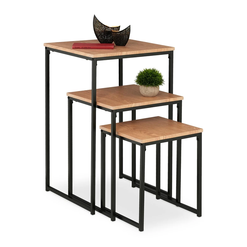 Relaxdays Side Table Set of 3, Stackable, 3 Sizes, Coffee Counter, Square, Metal, Living Room Decor, Light Brown/Black, Iron, 76 x 46 x 46 cm