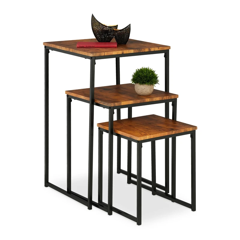 Relaxdays Side Table Set of 3, Stackable, 3 Sizes, Coffee Counter, Square, Metal, Living Room Decor, Brown/Black, Iron, 76 x 46 x 46 cm - Image 1