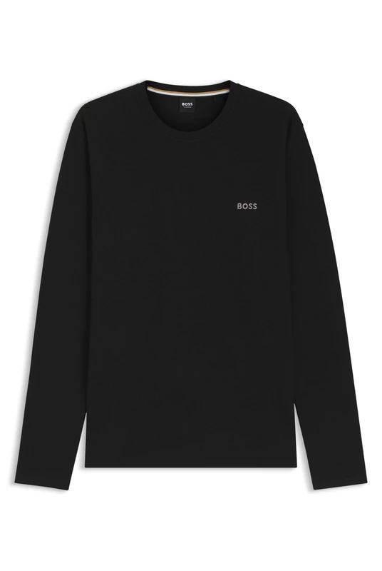 BOSS Mens Waffle LS-Shirt Ottoman Pyjama T-Shirt with Embroidered Logo Black