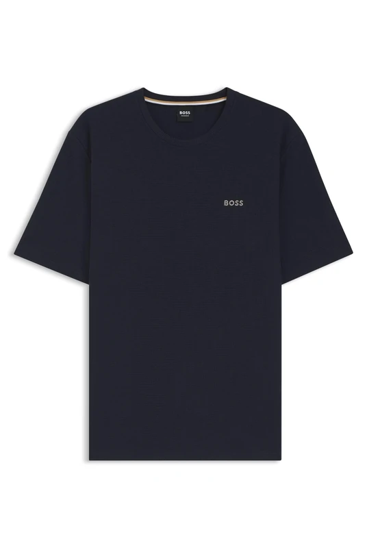 BOSS Mens Waffle T-Shirt Cotton-Blend Pyjama T-Shirt with Embroidered Logo Dark Blue