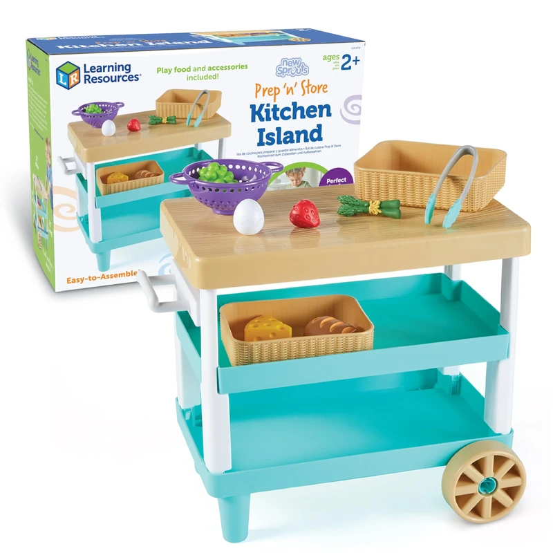 Learning Resources New Sprouts Prep ‘n Store Kitchen Island, Ages 2+, Toy Kitchen Accessories with 6 Pieces of Play Food Included