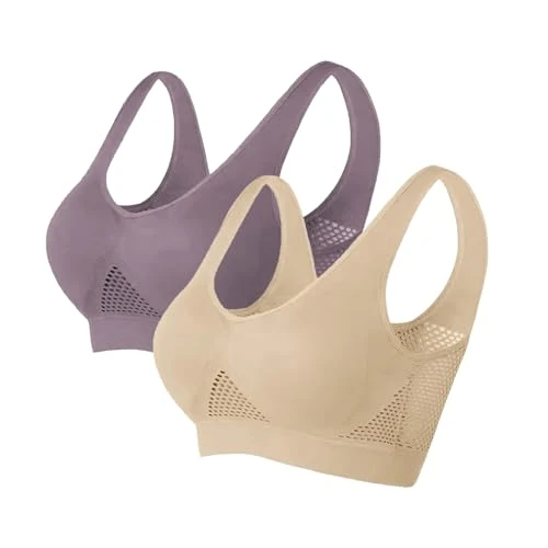 Kaniem Breathable Cool Liftup Air Bra,Sports Bra 2024 New Upgrade Support Large Size No Rims Seamless Hollow Mesh Underwear, C-beige-2pcs, 4X-Large