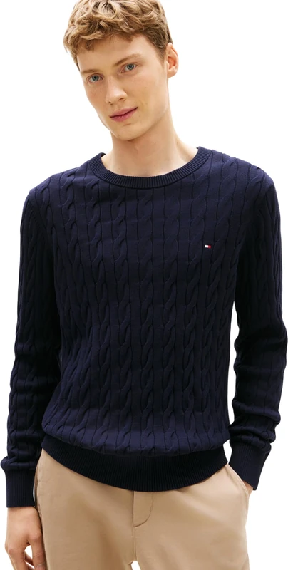 Tommy Hilfiger Men Classic Cotton Cable Crew Neck MW0MW33132 Pullover Sweater, Blue, XS - Image 1