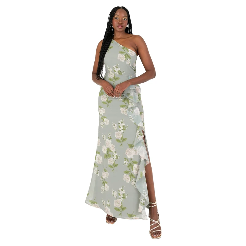 Anaya with Love Womens Maxi Ladies Sleeveless One-Shoulder Asymmetric Split Waterfall Ruffle A-line Bridesmaid Wedding Guest Prom Dress, Sage Green Floral, 20 UK