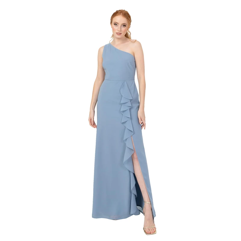 Anaya with Love Womens Maxi Ladies Sleeveless One-Shoulder Asymmetric Split Waterfall Ruffle A-line Bridesmaid Wedding Guest Prom Dress, Soft Blue, 12 UK