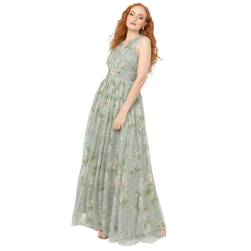Anaya with Love Women's Maxi Dress Ladies Sleeveless V-Neck Wrap Tulle Waistband A-line Keyhole Back Bridesmaid Wedding Guest Prom, Sage Green Floral Print 16