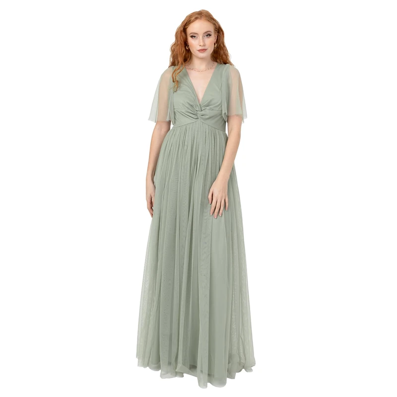 Anaya with Love Womens Maxi Ladies Short Flutter Sleeve V-Neck Twist Front Empire A-line Tulle Bridesmaid Wedding Guest Prom Dress, Frosty Green, 16 UK