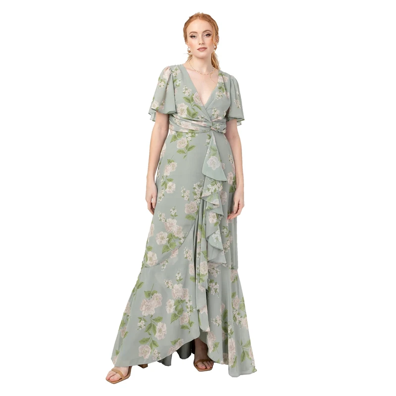 Anaya with Love Womens Maxi Ladies Wrap V-Neck Flutter Sleeve Ruffle A-line Bridesmaid Wedding Guest Occasion Prom Ball Gown Dress, Sage Green Floral, 14 UK - Image 1