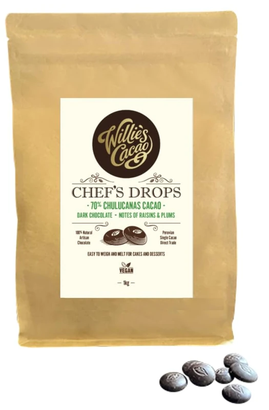 Willie's Cacao - Chulucanas 70% Dark Chocolate Chef's Drops 1kg - Couverture Chocolate with Raisin & plum notes - For cooking & baking - Vegan