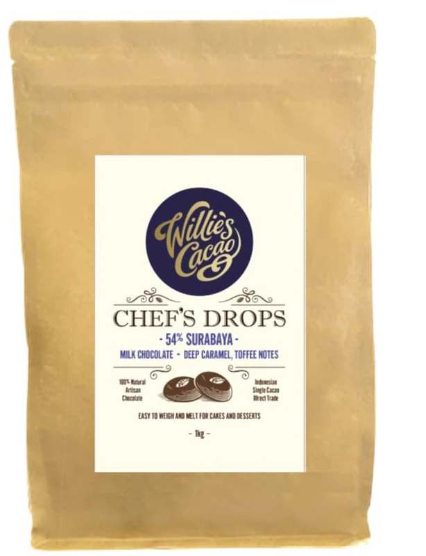 Willie's Cacao - 54% Surabaya Milk Chocolate Chef's Drops 1kg - Couverture Chocolate with Caramel Notes - For cooking & baking - Image 1