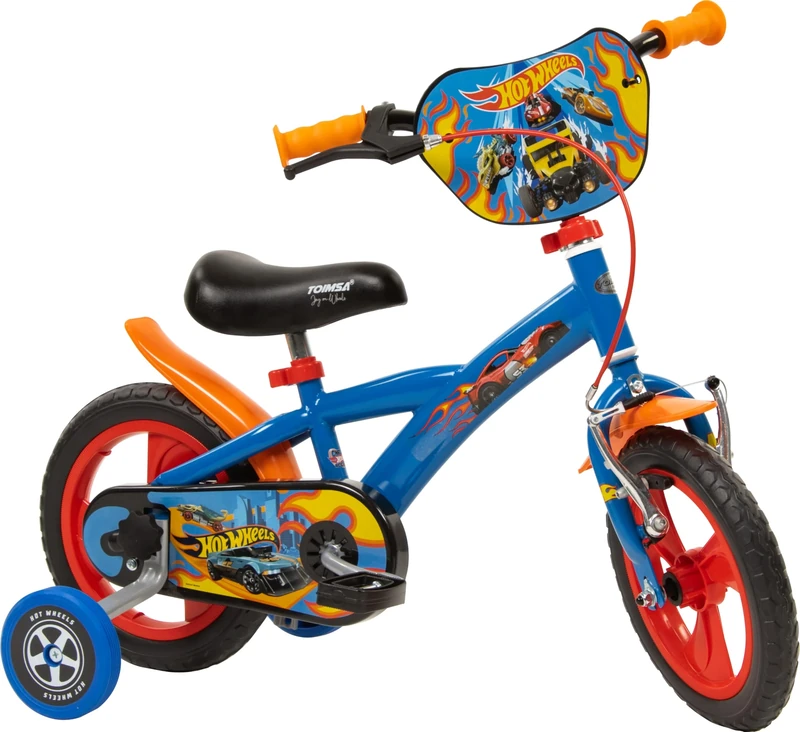 Toimsa Hot Wheels 12 inch Bicycle, Kids Bike Learn to Ride, with Training Wheel Stabilisers and Mudguard, for Children Ages 3-5 Years, Blue and Red
