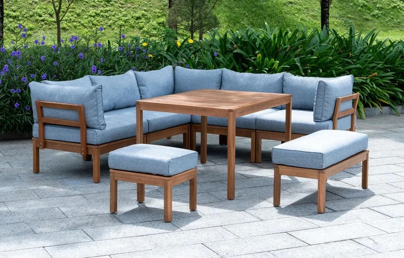 Out & Out Original Cali Wooden Garden Lounge Set - 8 Seats - FSC Certified Eucalyptus Wood - Corner Seats, Middle Seats, Stools, Dining Table - Outdoor Patio Furniture